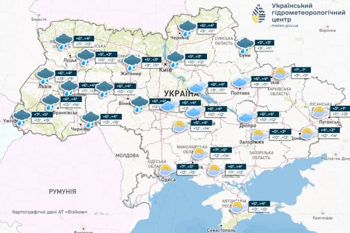 У Києві та низці областей у понеділок дощі й сильний вітер