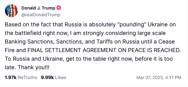 Трамп заявив, що може ввести рішучі санкції проти Росії, поки не буде припинення вогню